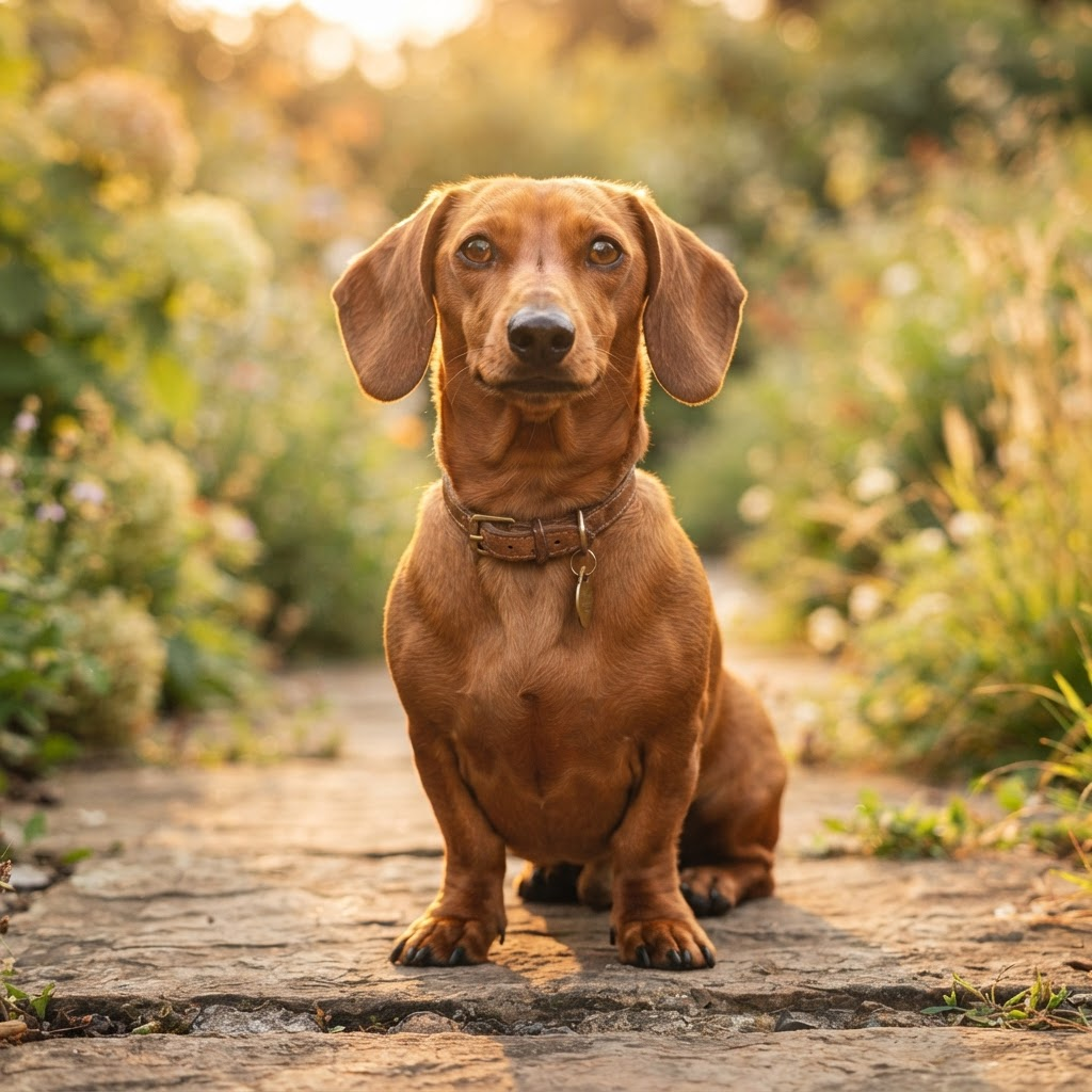 Portrait of Biscuit, a smooth-coat miniature Dachshund
