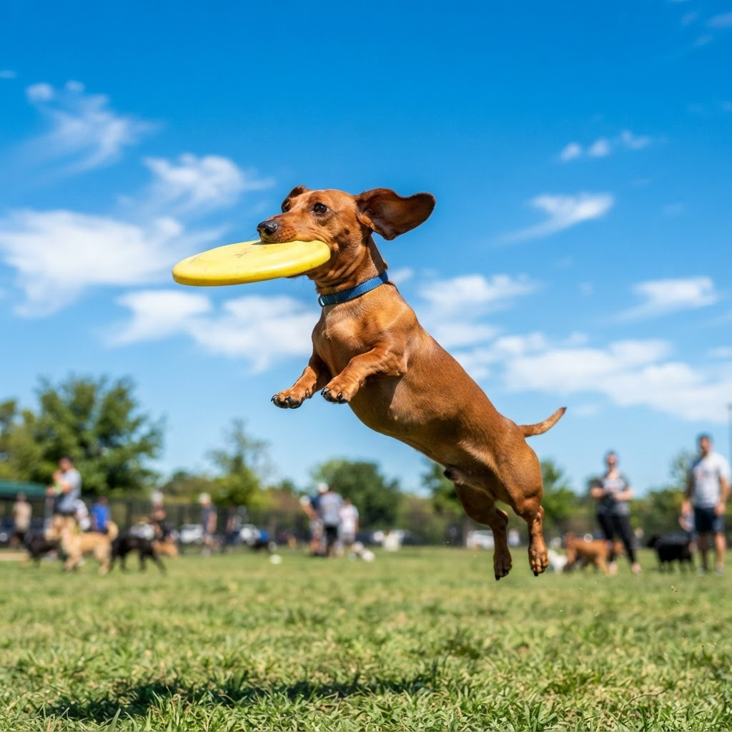 A Dachshund jumping mid-air at a dog park