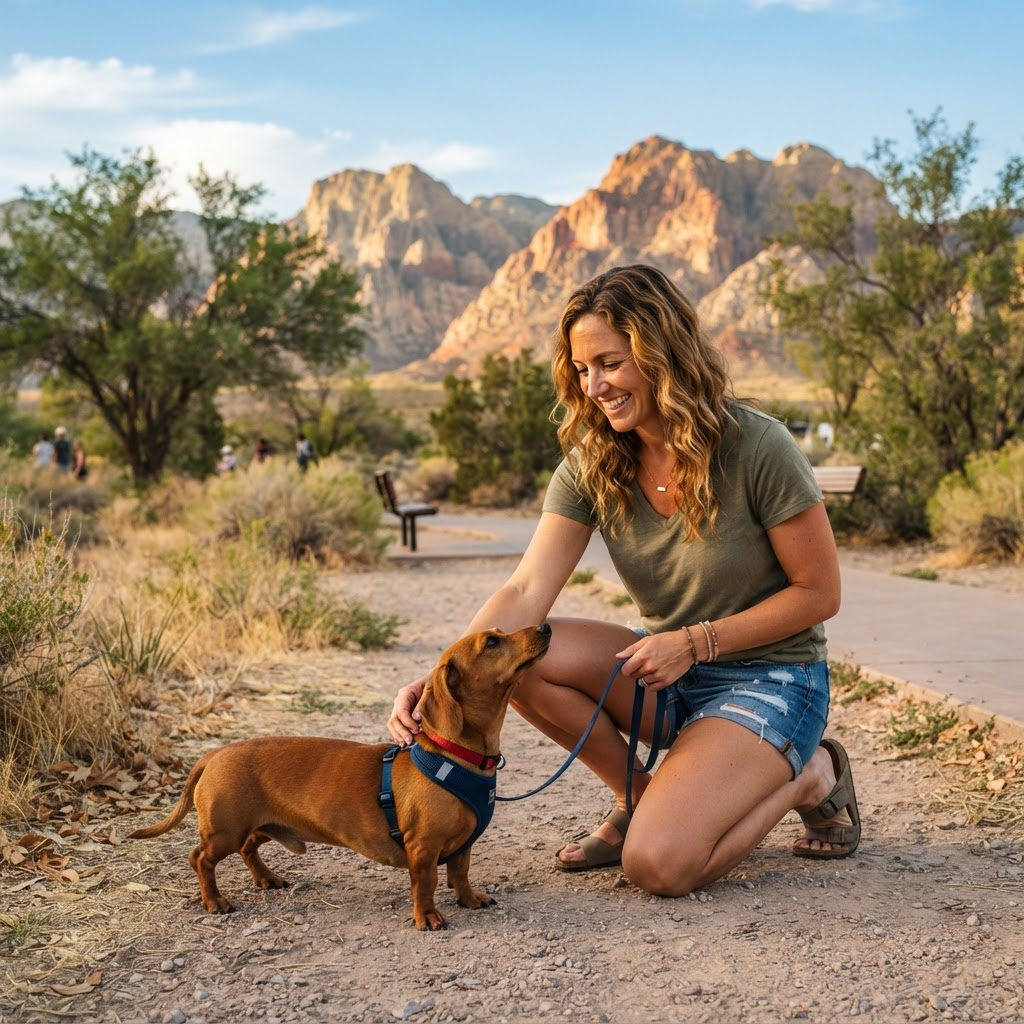A Dachshund with its owner with Nevada mountains in the background