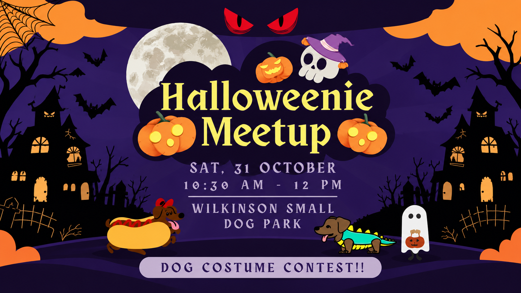 Halloweenie Meetup flyer with costumed dachshunds, pumpkins, bats, and haunted houses: Saturday, October 31, 10:30 AM to noon at Wilkinson Small Dog Park. Dog costume contest.